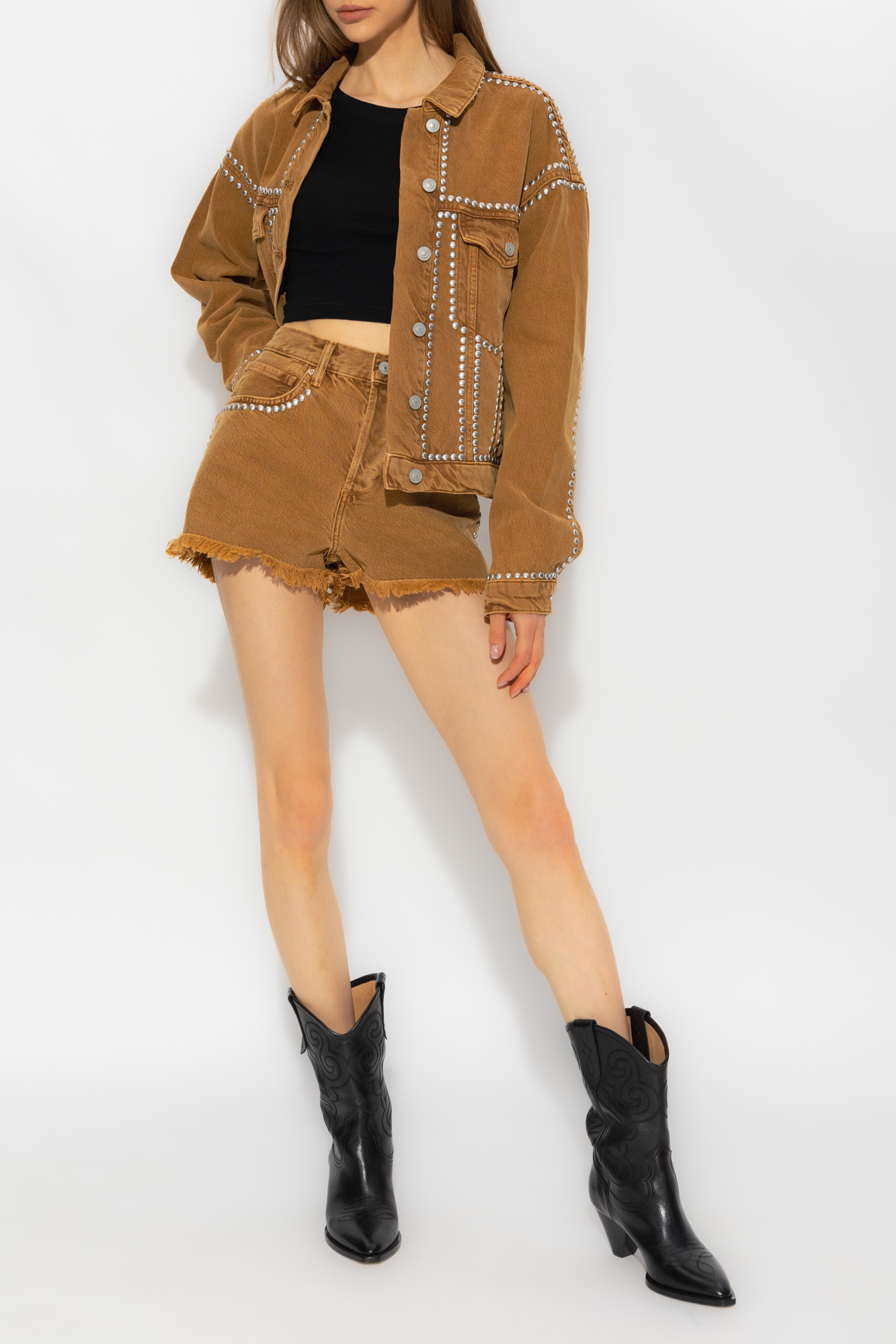 デニム・ジーパン ALLSAINTS Women Denim Shorts HEIDI WE074Y LIGHT BROWN Brown waisted denim shorts AllSaints - belted crew-neck long dress